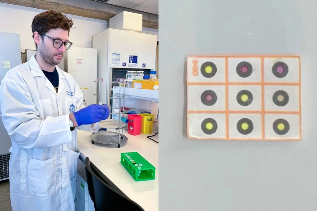 Justin Vigar, pictured here in a lab in South America, is developing paper-based diagnostics like the paper chip shown on the right, where each dot represents a different test (supplied image)